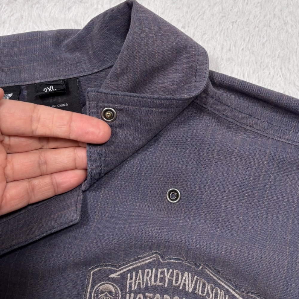 Y2K Harley-Davidson Button Shirt Men 2XL Gray Blue Mechanic Spellout Short Slv - Picture 6 of 16